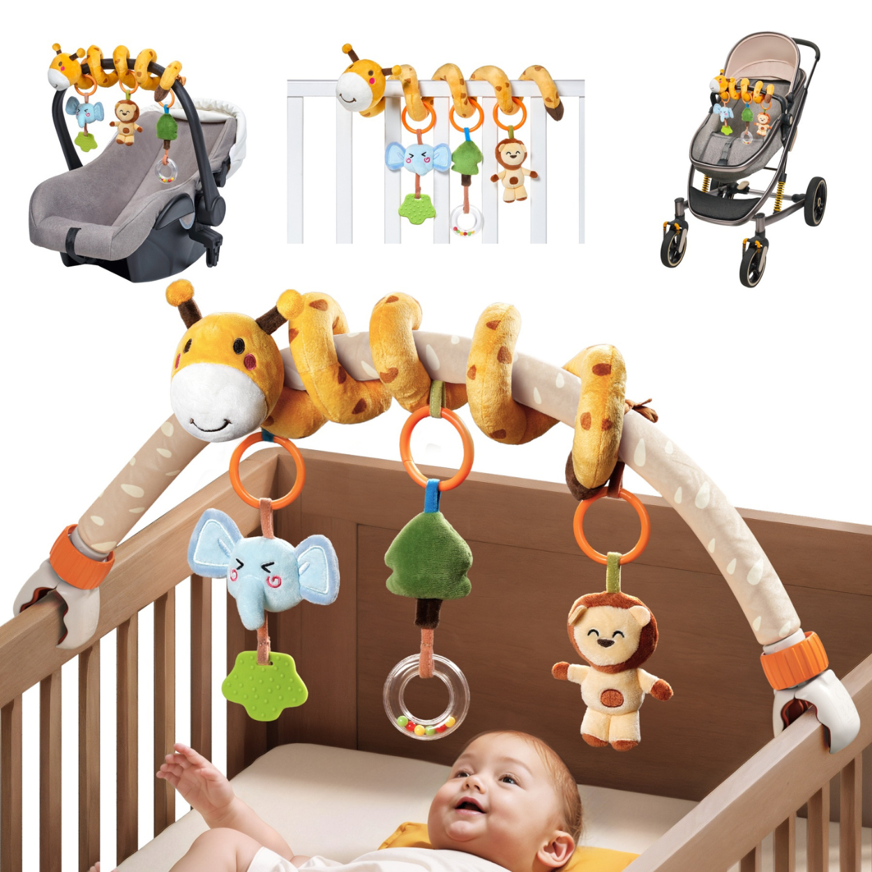 Set 2 in 1 Tumama® – Arcada cu Jucarii pentru Carucior, Patut si Scaun Auto - Model Girafa Zambitoare