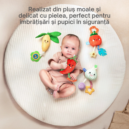 Set 4 Jucarii pentru Bebelusi Tumama®, Model Legume cu Inele Speciale pentru Dentitie si Zornaitoare
