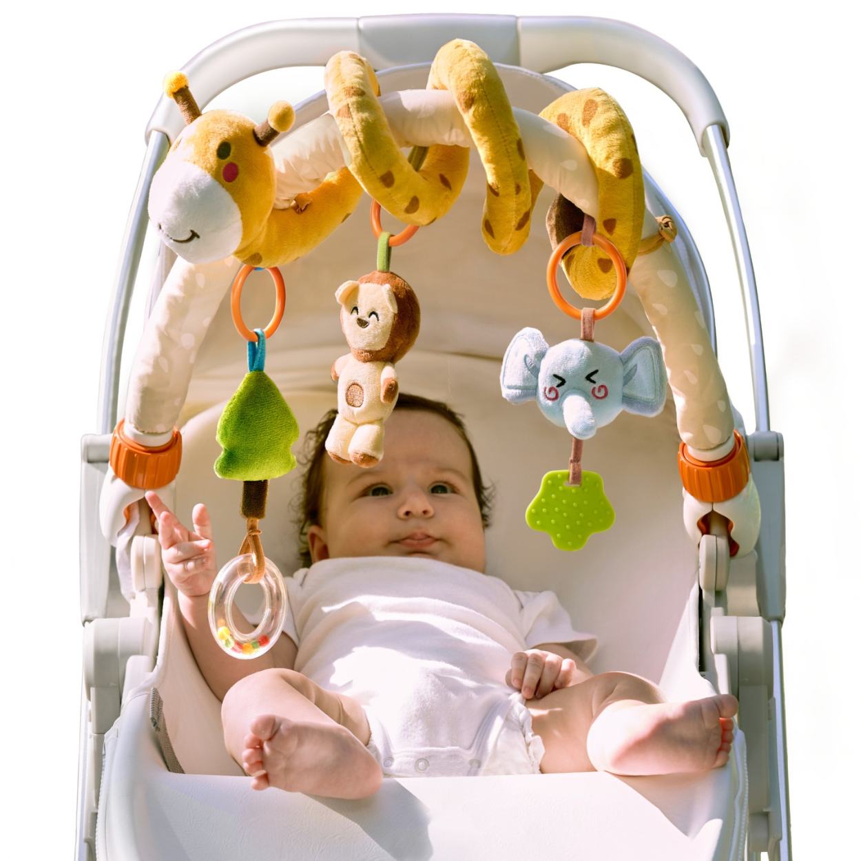 Set 2 in 1 Tumama® – Arcada cu Jucarii pentru Carucior, Patut si Scaun Auto - Model Girafa Zambitoare