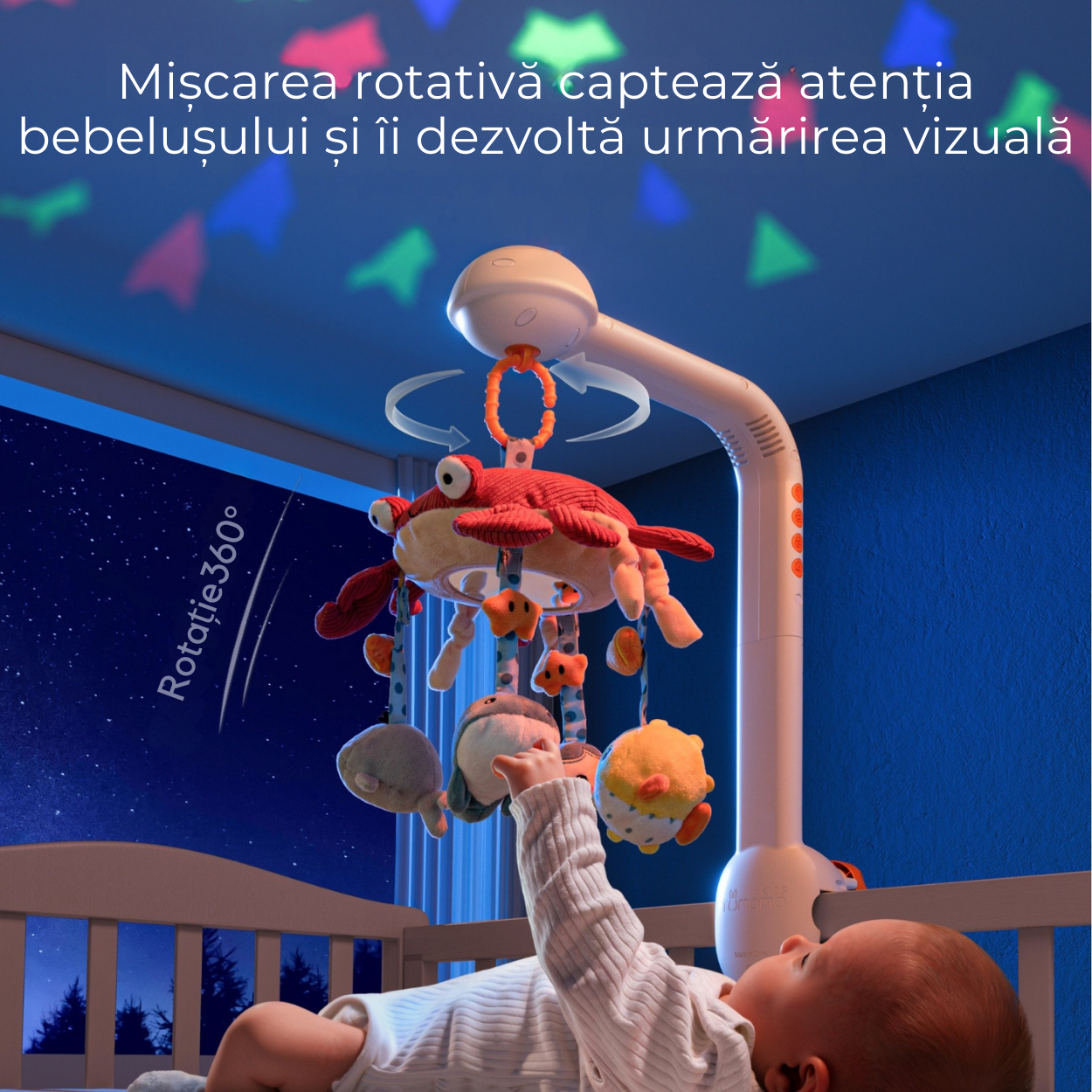 Carusel Interactiv Multifunctional pentru Bebelusi Tumama® Crab Jucaus cu Bluetooth