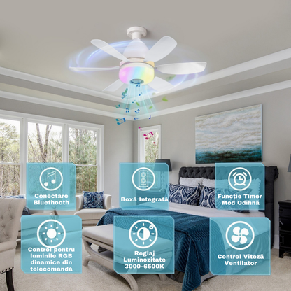 Ventilator de Tavan SMART Iluminare LED cu Boxa - Conexiune Bluetooth