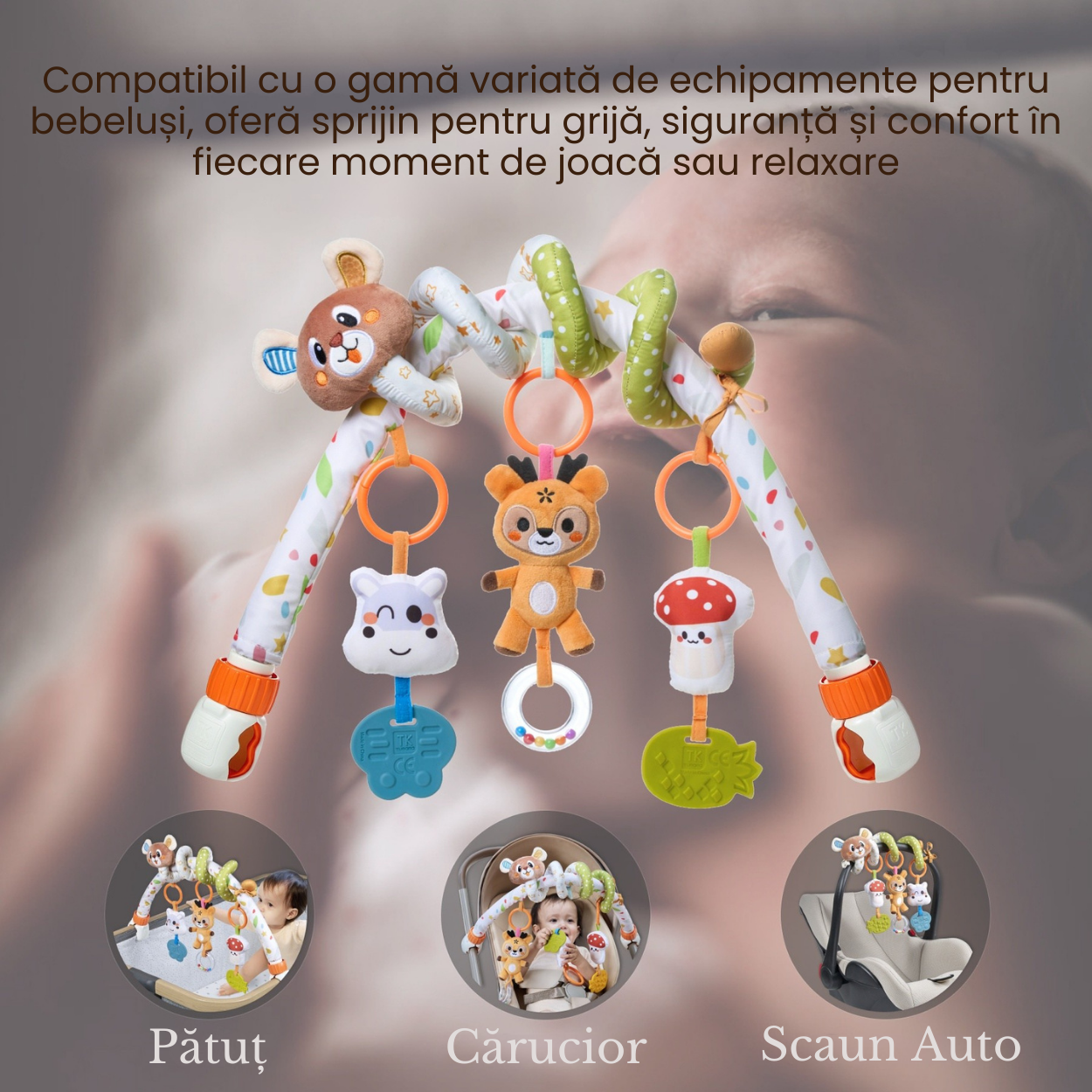 Set 2 in 1 Tumama® – Arcada cu Jucarii pentru Carucior, Patut si Scaun Auto - Model Ursulet