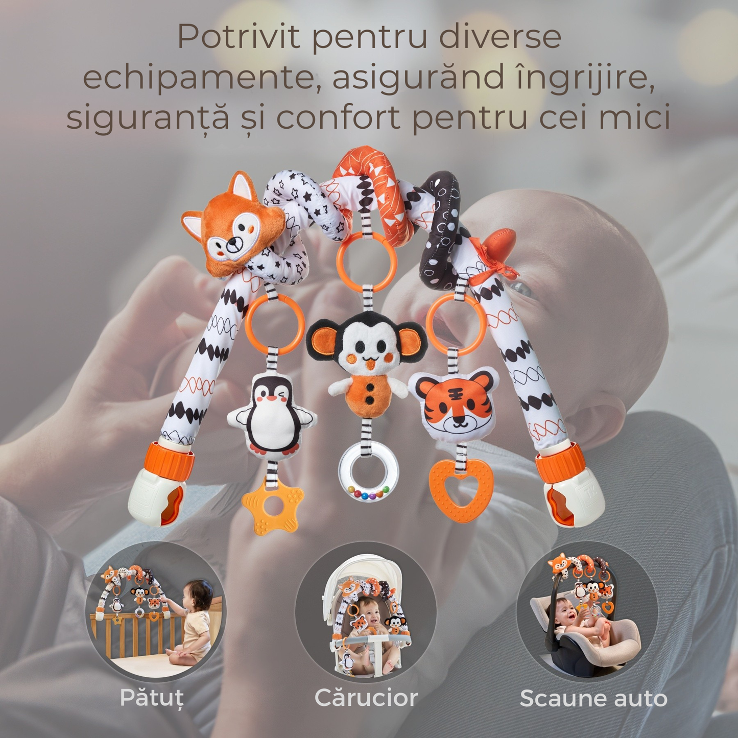 Set 2 in 1 Tumama® – Arcada cu Jucarii pentru Carucior, Patut si Scaun Auto - Model Vulpita