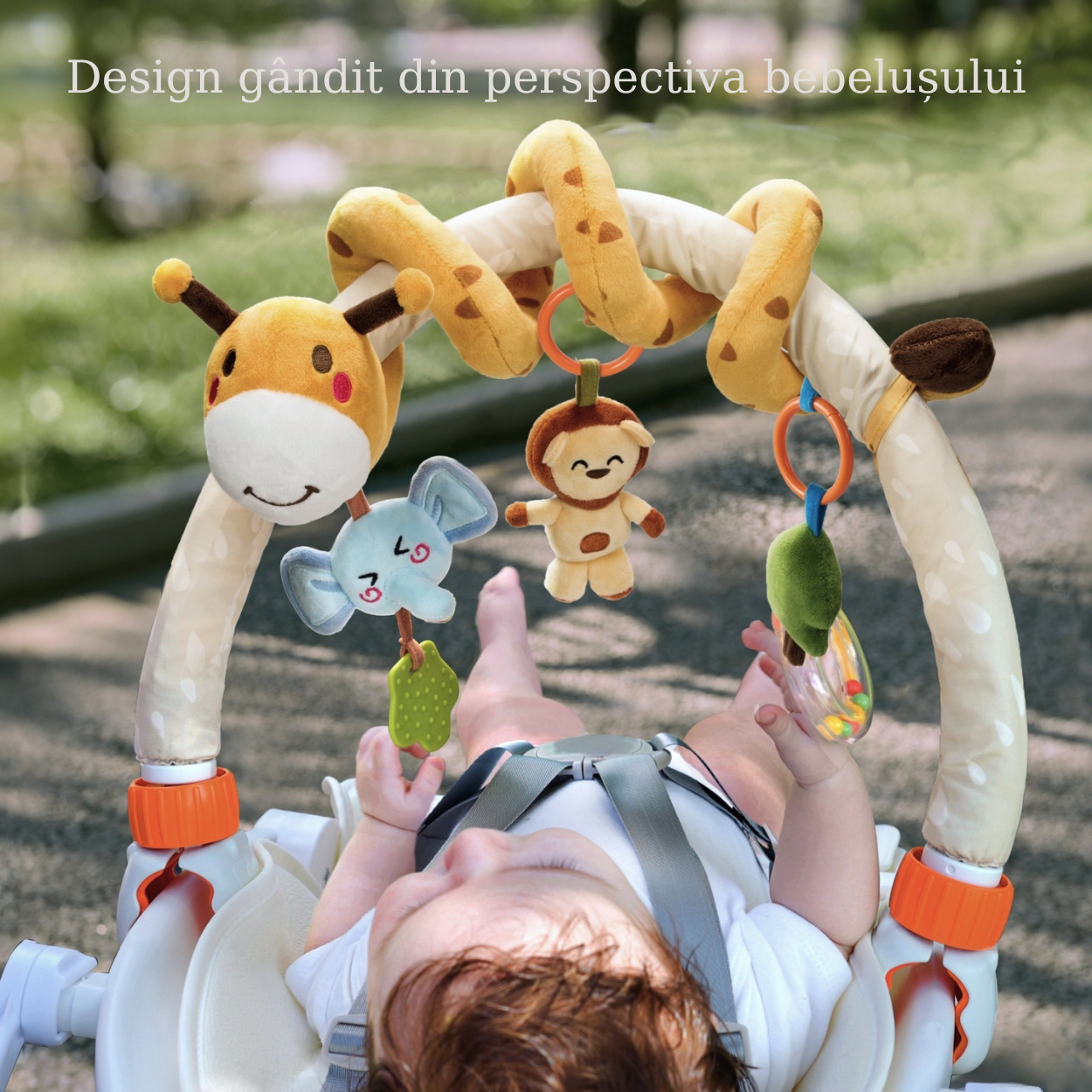 Set 2 in 1 Tumama® – Arcada cu Jucarii pentru Carucior, Patut si Scaun Auto - Model Girafa Zambitoare