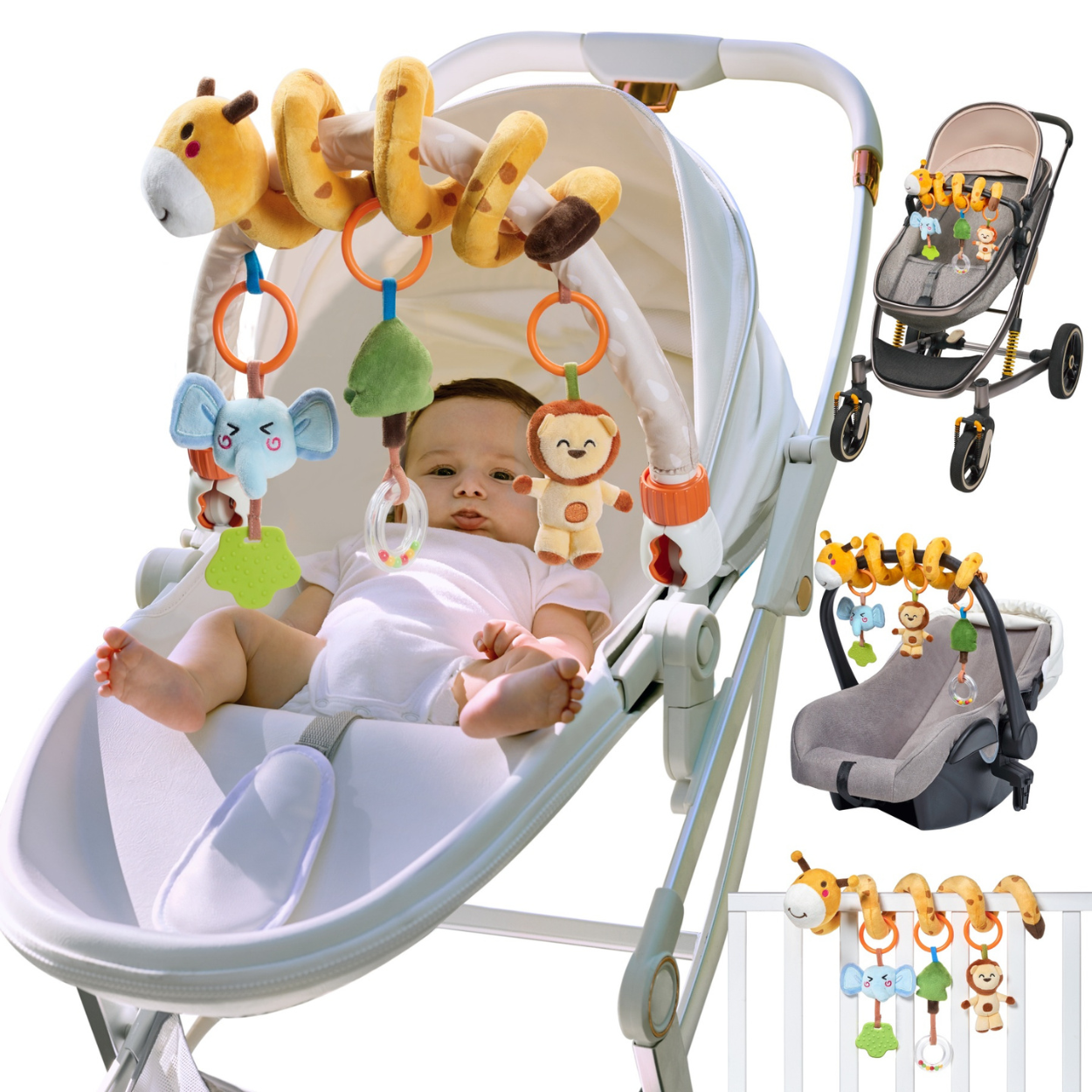 Set 2 in 1 Tumama® – Arcada cu Jucarii pentru Carucior, Patut si Scaun Auto - Model Girafa Zambitoare