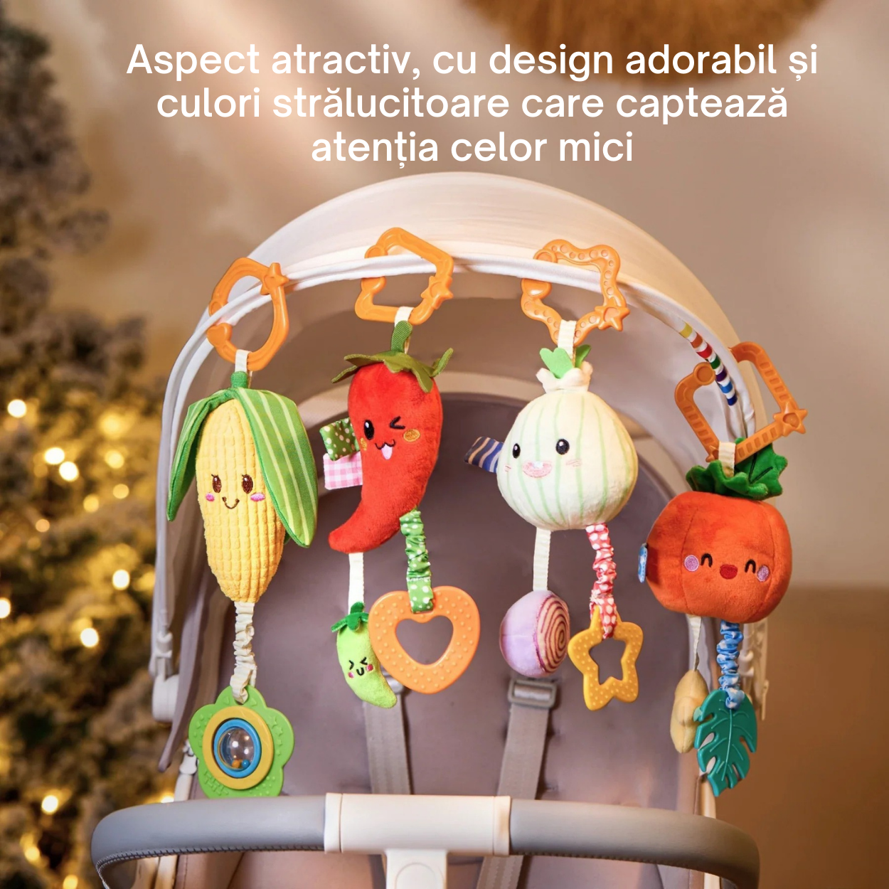 Set 4 Jucarii pentru Bebelusi Tumama®, Model Legume cu Inele Speciale pentru Dentitie si Zornaitoare