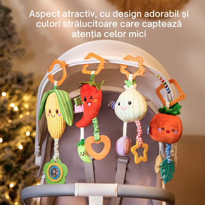 Set 4 Jucarii pentru Bebelusi Tumama®, Model Legume cu Inele Speciale pentru Dentitie si Zornaitoare