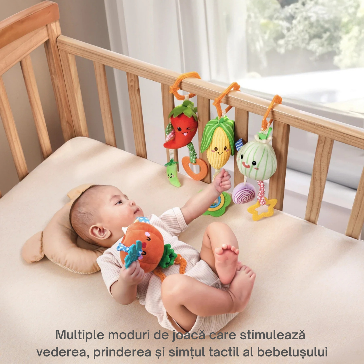 Set 4 Jucarii pentru Bebelusi Tumama®, Model Legume cu Inele Speciale pentru Dentitie si Zornaitoare